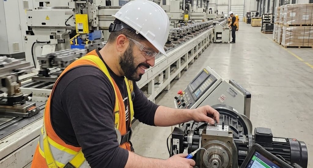Technicien qualifié effectuant la maintenance préventive et le diagnostic d'un moteur industriel dans un usine de fabrication