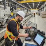 Technicien qualifié effectuant la maintenance préventive et le diagnostic d'un moteur industriel dans un usine de fabrication