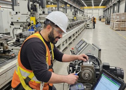 Technicien qualifié effectuant la maintenance préventive et le diagnostic d'un moteur industriel dans un usine de fabrication