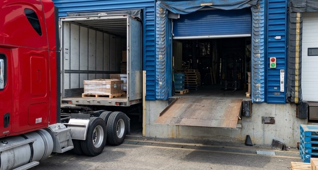 Camion semi-remorque rouge stationné à un quai de chargement d'entrepôt logistique avec nivellement hydraulique et porte sectionnelle