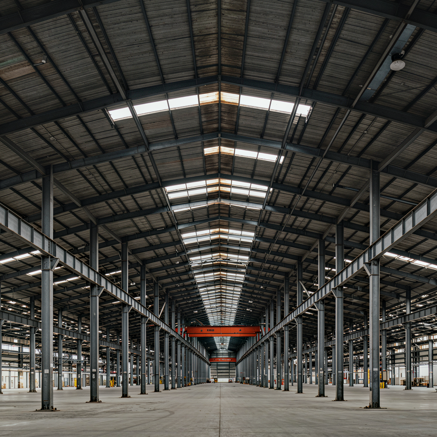 Intérieur d'un grand entrepôt logistique vide avec charpente métallique et pont roulant industriel